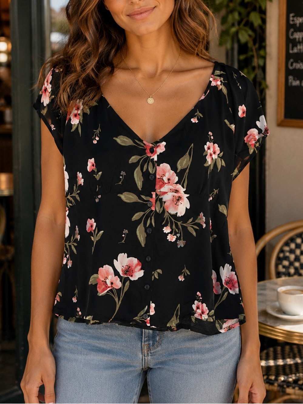 No Boundaries Women’s 3X Black Pink Floral Button Front Short Sleeve Blouse